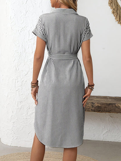 Giada-  Abito Midi da Donna Elegante a Righe con Cintura Stile Camicia