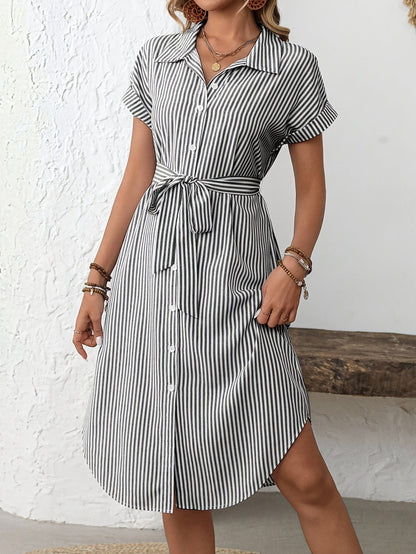 Giada-  Abito Midi da Donna Elegante a Righe con Cintura Stile Camicia