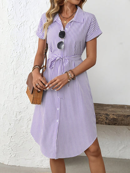 Giada-  Abito Midi da Donna Elegante a Righe con Cintura Stile Camicia