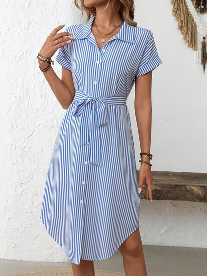 Giada-  Abito Midi da Donna Elegante a Righe con Cintura Stile Camicia
