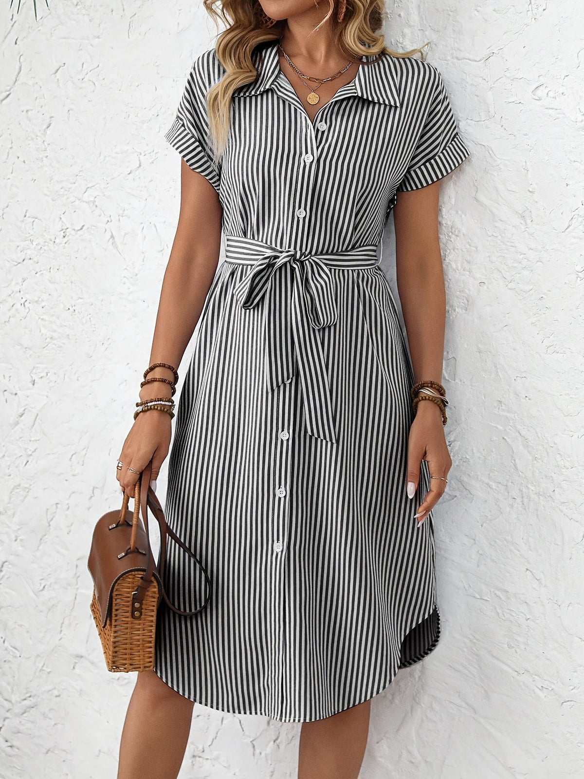 Giada-  Abito Midi da Donna Elegante a Righe con Cintura Stile Camicia