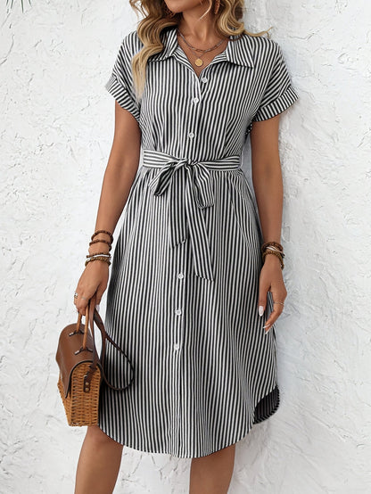 Giada-  Abito Midi da Donna Elegante a Righe con Cintura Stile Camicia