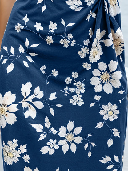 Midi Abito Blu Marino con Fiori Bianchi