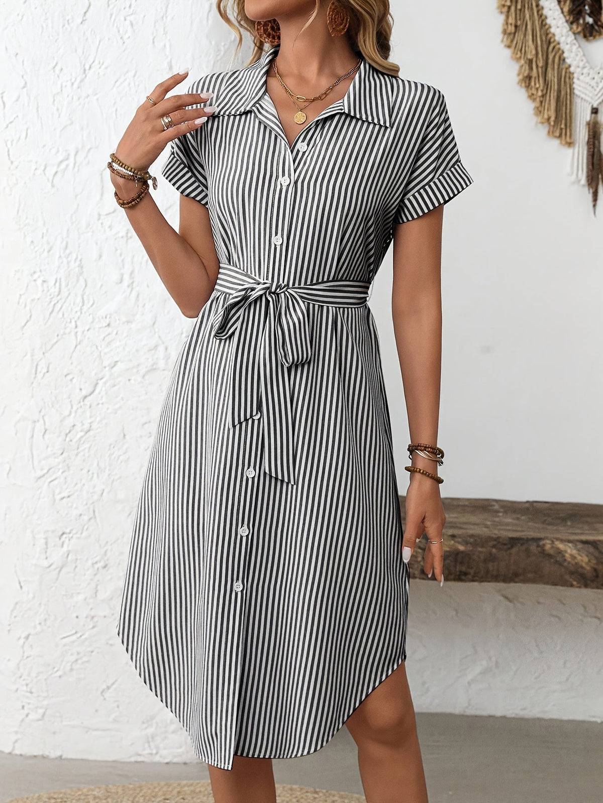 Giada-  Abito Midi da Donna Elegante a Righe con Cintura Stile Camicia
