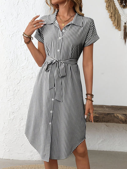 Giada-  Abito Midi da Donna Elegante a Righe con Cintura Stile Camicia