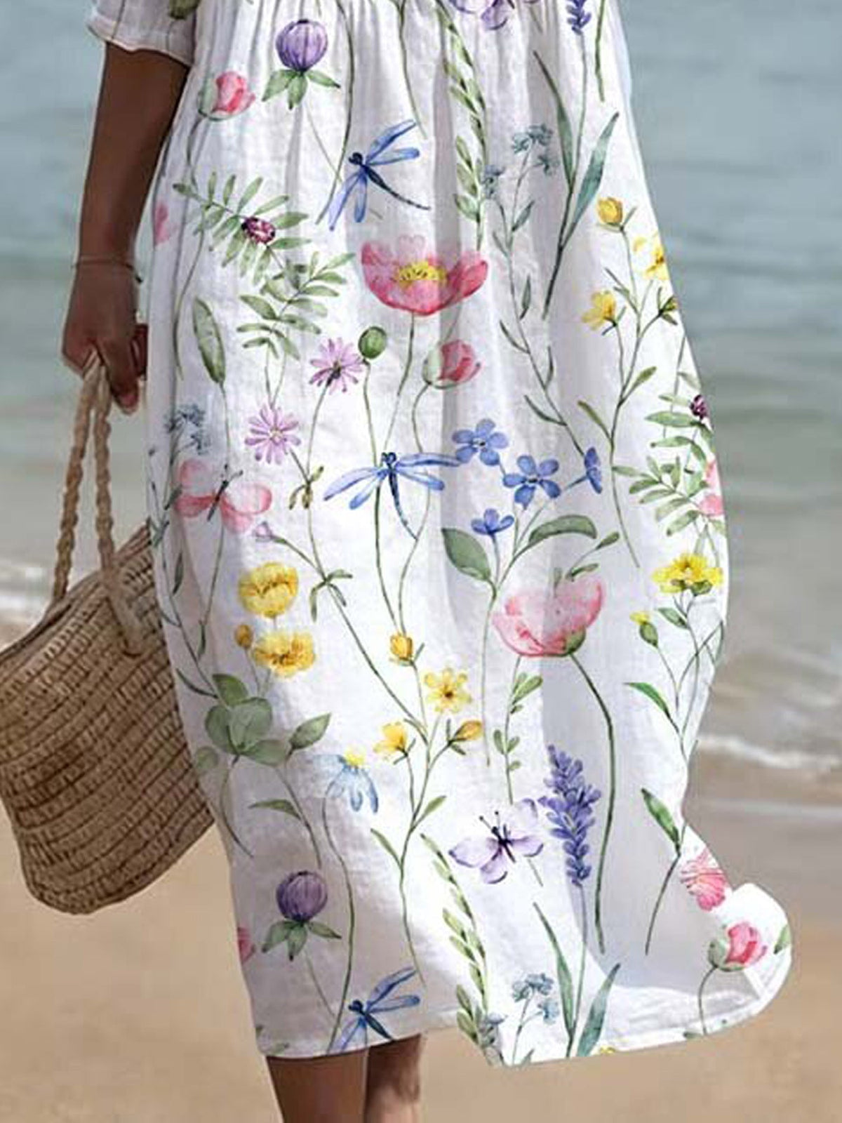 Abito midi estivo a fantasia floreale acquerello con papaveri, tulipani e lavanda