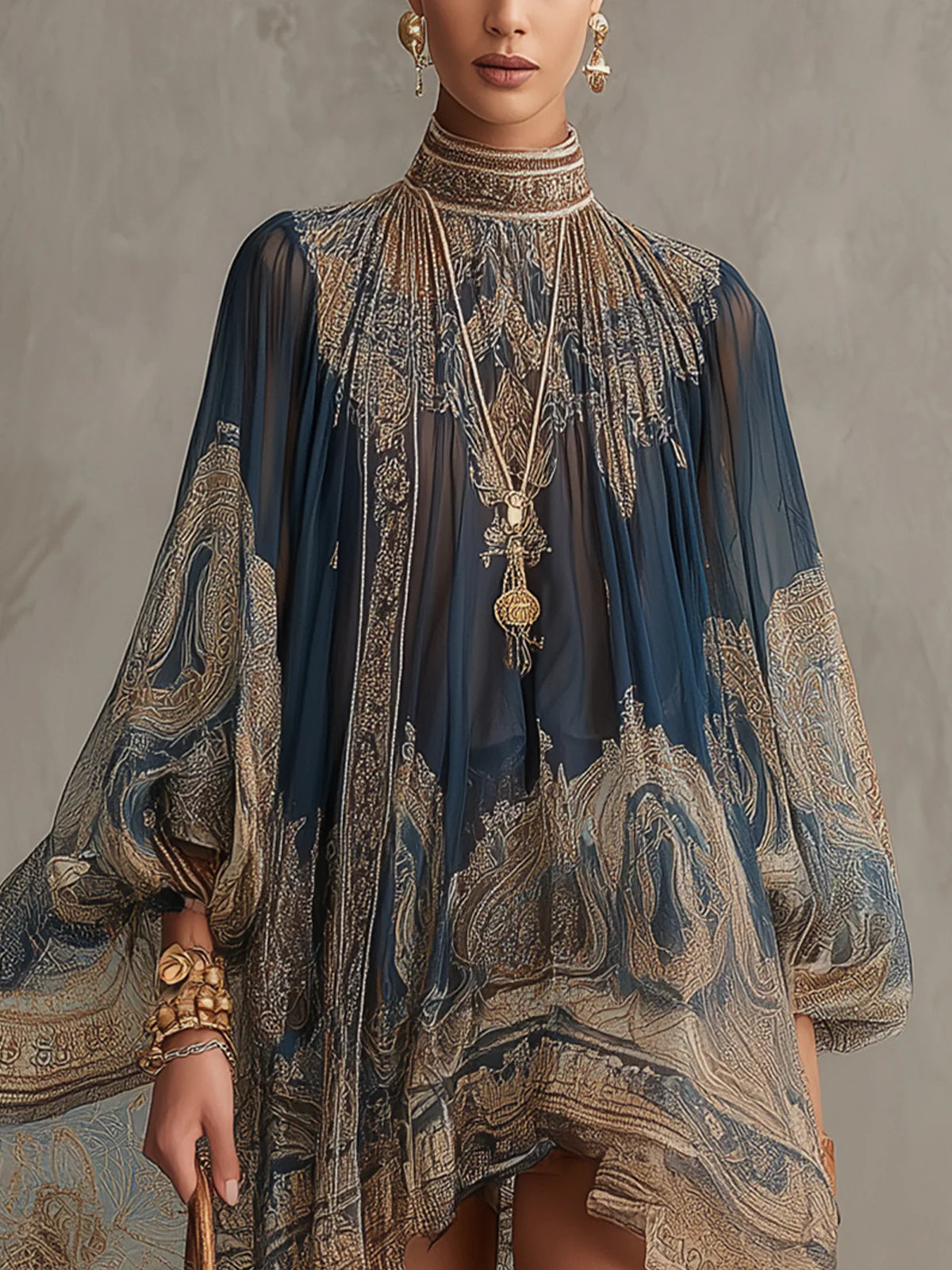 Francesca | Mini abito in chiffon blu navy con stampa barocca dorata
