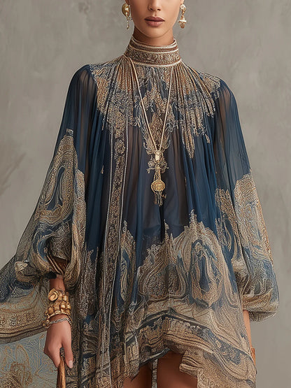 Francesca | Mini abito in chiffon blu navy con stampa barocca dorata