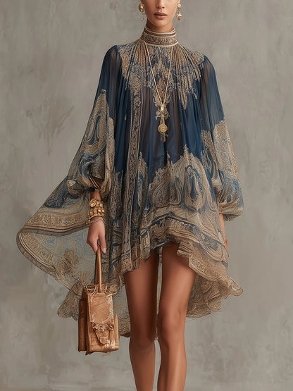 Francesca | Mini abito in chiffon blu navy con stampa barocca dorata