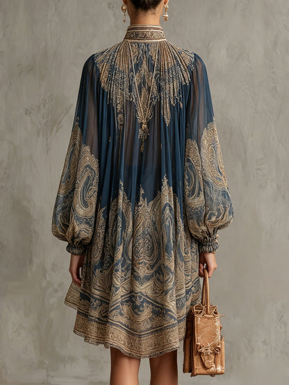 Francesca | Mini abito in chiffon blu navy con stampa barocca dorata