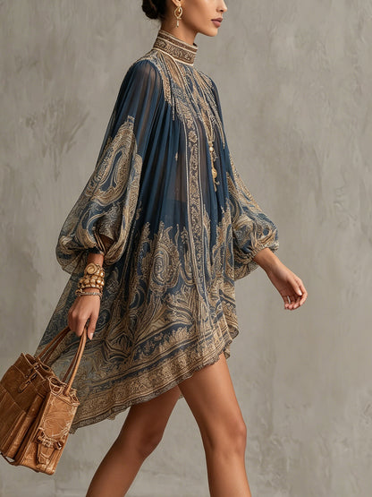 Francesca | Mini abito in chiffon blu navy con stampa barocca dorata