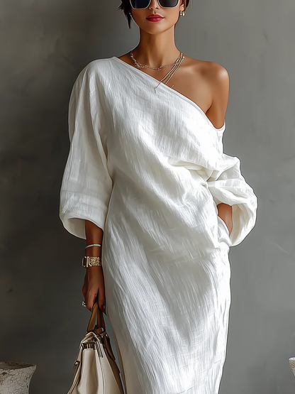 Elisa™ | Maxi abito elegante monospalla in bianco