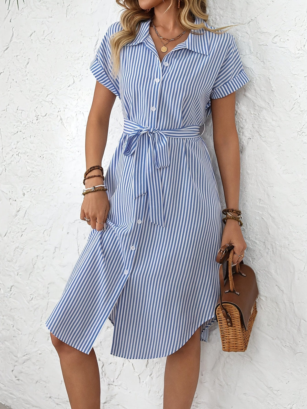 Giada-  Abito Midi da Donna Elegante a Righe con Cintura Stile Camicia