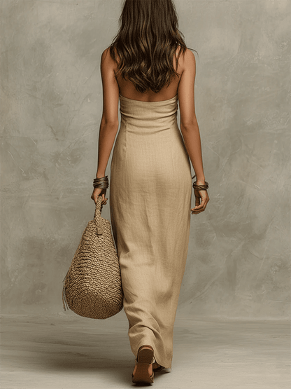 Avelina™ | Abito maxi con scollo all’americana, voluminoso, in cotone e lino