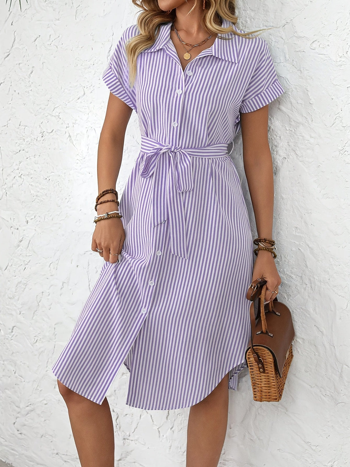 Giada-  Abito Midi da Donna Elegante a Righe con Cintura Stile Camicia