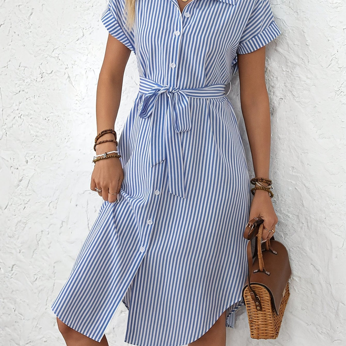 Giada-  Abito Midi da Donna Elegante a Righe con Cintura Stile Camicia
