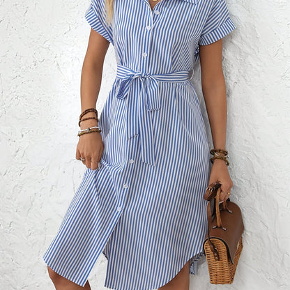 Giada-  Abito Midi da Donna Elegante a Righe con Cintura Stile Camicia