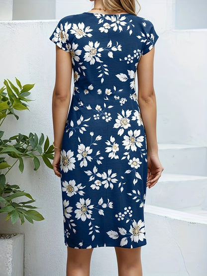 Midi Abito Blu Marino con Fiori Bianchi